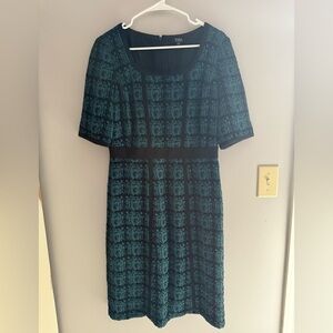 Alex Marie Dress Womens 8 Blue Black Scoop Neck MIDI Short Sleeve Back Zip Lined